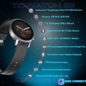 Smartwatch Ticwatch E3, Faz Pagamento Nfc Whatsapp Wear Os Snapdragon Gps Spotify Maps Whatsapp